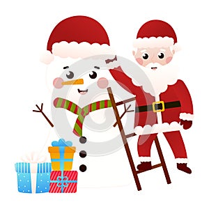 Santa Claus making a snowman in cartoon style on white background, clip art for poster design