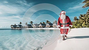 Santa Claus in the Maldives, where there is a quiet and calm lagoon with crystal clear azure water and palm trees. Merry