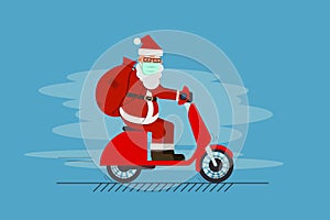 Santa claus in mask driving scooter delivering gifts merry christmas happy new year holidays concept vector illustration