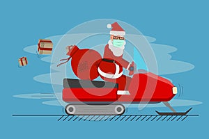 Santa claus in mask driving snow mobile delivering gifts merry christmas happy new year concept vector illustration