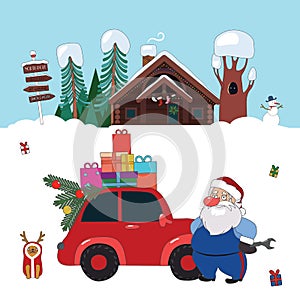 Santa Claus mechanic and red car
