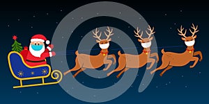 Santa Claus in a medical mask with a reindeer and a sleigh on the background of the night sky