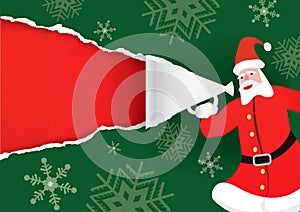 Santa Claus with megaphone, torn paper Christmas Paper Background.