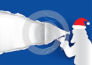 Santa Claus with megaphone, torn paper Christmas Paper Background.