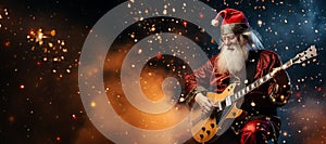 Santa Claus metalhead playing electric guitar at Christmas on festive background