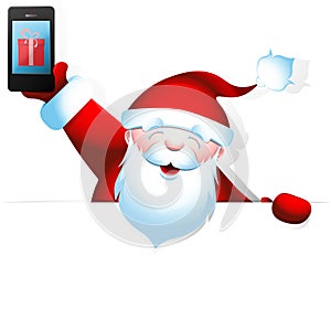 Santa Claus with mobile phone and blank banner