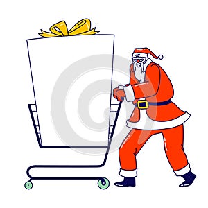 Santa Claus with Mockup. Christmas Character Push Shopping Trolley with Huge Gift and Empty Copy Space for Advertising