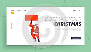 Santa Claus with Mockup Landing Page Template. Christmas Character Holding Empty Banner or Ad, Mock Up with Copy Space