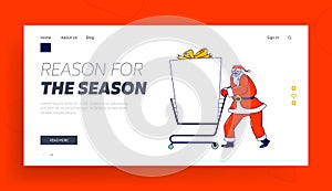 Santa Claus with Mockup Landing Page Template. Christmas Character Pushing Shopping Trolley with Gift and Copy Space