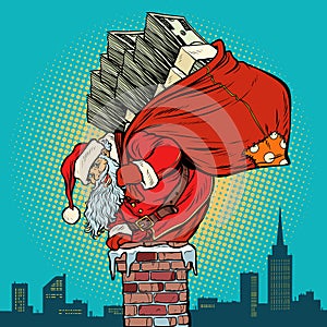 Santa Claus with money climbs into the chimney