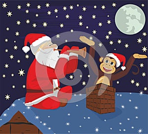 Santa Claus and monkey on roof
