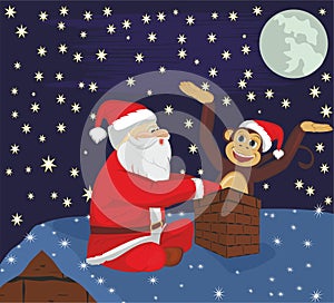 Santa Claus and monkey on roof