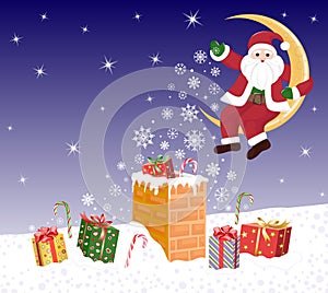 Santa Claus on the moon scatters magic snowflakes