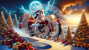 Santa Claus on motorcycle with sleigh, moonlit snowy backdrop, surrounded by gifts and glowing trees.Generative AI