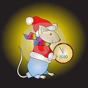 Santa claus mouse holds watch