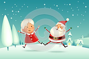 Santa Claus and Mrs Claus celebrate Christmas - winter landscape