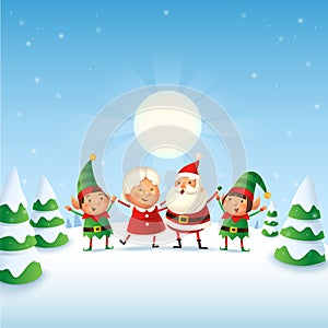 Santa Claus, Mrs Claus and Elves celebrate winter holidays - winter landscape