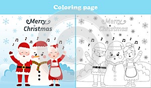 Santa Claus and Mrs Claus, snowman are singing carols coloring page for kids, printable worksheet for christmas
