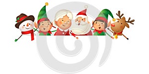 Santa Claus, Mrs Claus, Elves, Snowman and Reindeer on top of board peeking and celebrate Christmas - isolated and grouped element photo