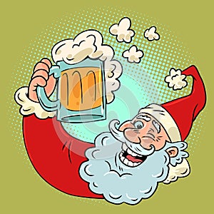Santa Claus and a mug of beer with foam. Spending the new year in a fun company with food and drinks. Good mood on the