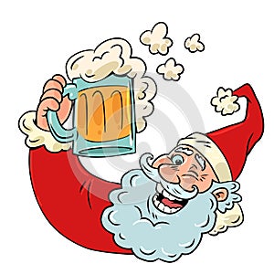 Santa Claus and a mug of beer with foam. Spending the new year in a fun company with food and drinks. Good mood on the