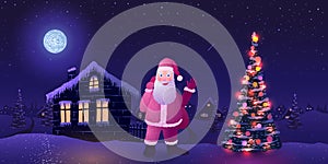 Santa Claus next to decorated Christmas tree waving at background of night village in snow on moonlit night