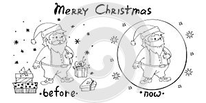 Santa Claus before and now the COVID-19 coronavirus. Merry Christmas and happy New year in quarantine, pandemic. Skeptical