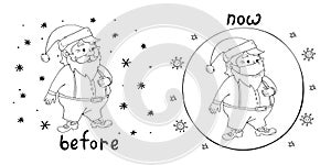 Santa Claus before and now the COVID-19 coronavirus. Merry Christmas and happy New year in quarantine, pandemic. Skeptical