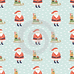 Santa Claus pattern. Santa sleigh with gifts Christmas vector background. Cartoon Santa character design