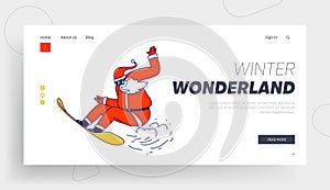 Santa Claus Perform Snowboard Stunts Landing Page Template. Xmas Character in Red Festive Traditional Costume Extreme