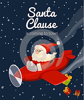 Santa Claus is piloting a plane with gifts. Santa came to town by airplane dropping present