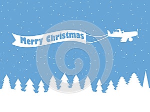 Santa Claus on a plane with a ribbon. Winter background with falling snow. White contour of Christmas trees. Vector