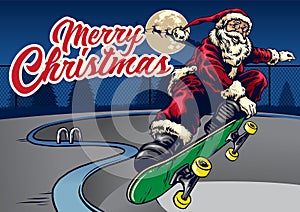 Santa claus playing skateboard in the pool
