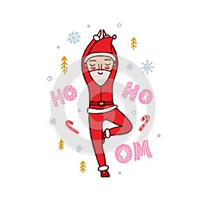 Santa Claus practicing yoga and text Ho Ho Om color card