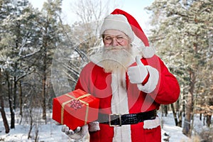 Santa Claus with present box outdoors.