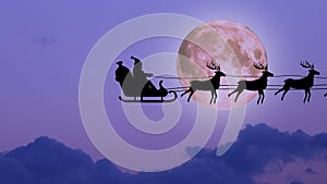 Santa Claus pulled by reindeers fly over clouds on sky flat animation, seamless loop