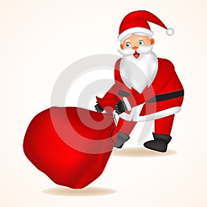 Santa Claus pulling huge bag full of Christmas presents isolated on white background.