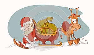 Santa Claus pushing his sleigh and Rudolph
