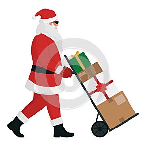 Santa Claus pushing a loaded hand truck