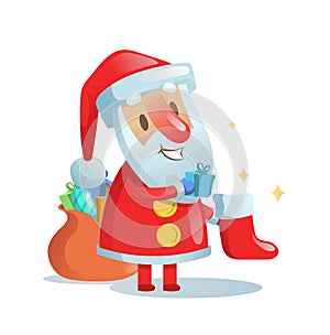 Santa Claus putting presents in Christmas stockings. Flat vector illustration. Isolated on white background.