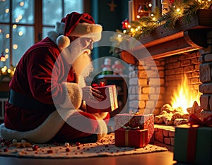 Santa Claus Putting Presents Under Tree in Cozy House photo