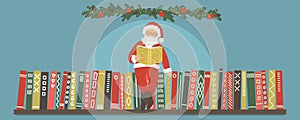 Santa Claus reading book on bookshelf