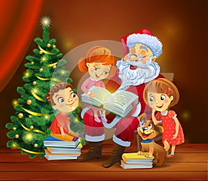 Santa Claus reading the book to children photo