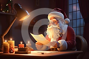 Santa Claus reading Christmas letter or wish list. Santa Claus sitting at his room.