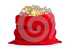 Santa Claus red bag with Christmas toys isolated on white background. File contains a path to isolation