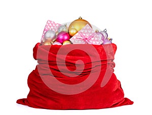 Santa Claus red bag with Christmas toys isolated on white background. File contains a path to isolation