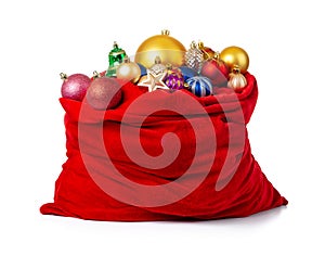 Santa Claus red bag with christmas toys, isolated on white background. File contains a path to isolation.