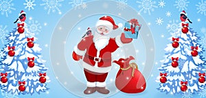Santa Claus with red  bag and gift box in his hand and bullfinch on his shoulder and spruce with Christmas balls