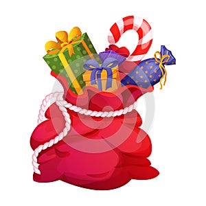 Santa Claus red bag, sack full with gifts presents, sweets christmas boxes, magic time decorated with rope isolated on