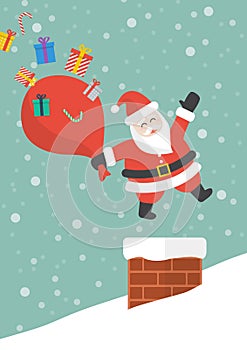 Santa claus with red big bag jumping in the chimney